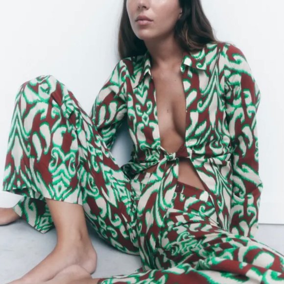 Zara Selena Tie Front Blouse Matching Cotton Printed Pant Set
